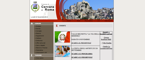 Il sito istituzionale del comune di Cervara usa un layout a tabelle e immagini molto pesanti.