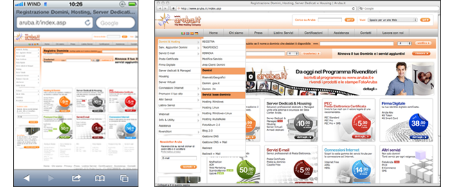 iPhone è in grado di "sistemare" il sito per ottimizzare la visualizzazione, ma l'impostazione di Aruba non lo permette.