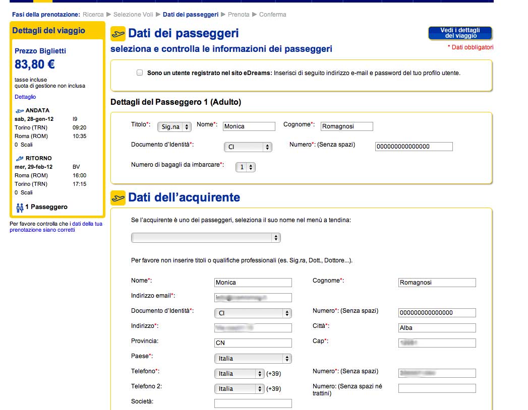 Compilazione form di edreams