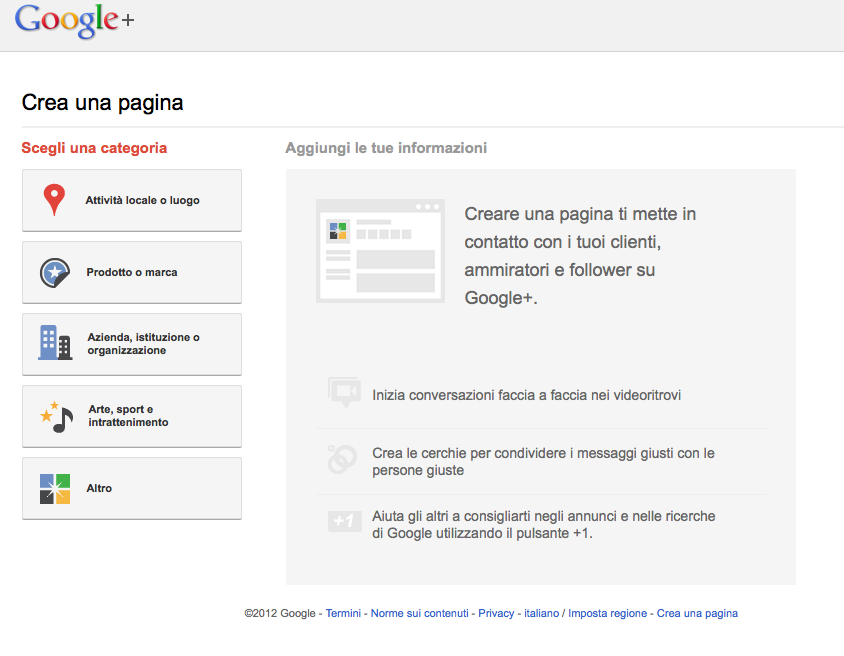 Schermata di creazione profili Google Plus