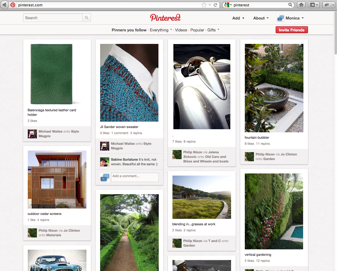 Pinterest schermata con categorie