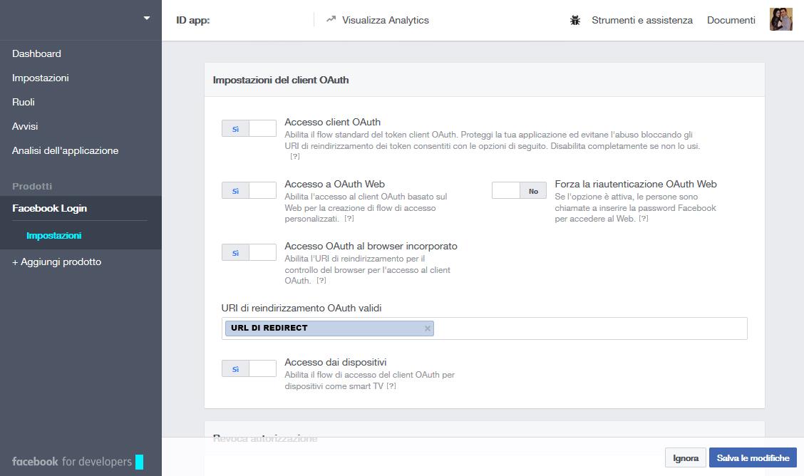 Configurazione login Facebook